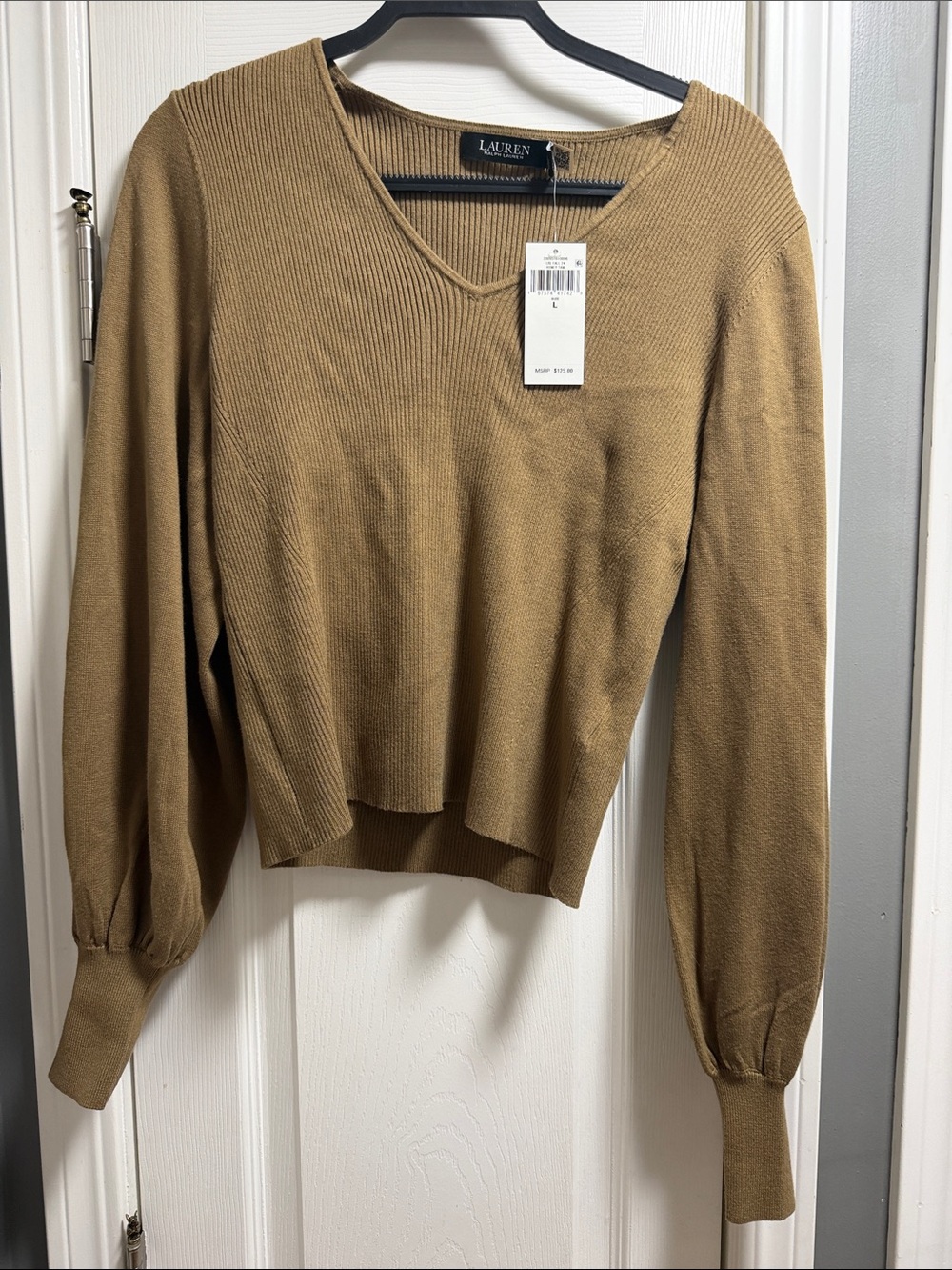Lauren Ralph Lauren Camel V-Neck Ribbed Balloon-Sleeve Sweater